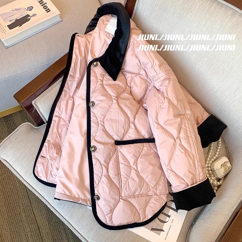 有內里拼接翻領菱格棉服女冬季寬鬆加厚小香風外套女