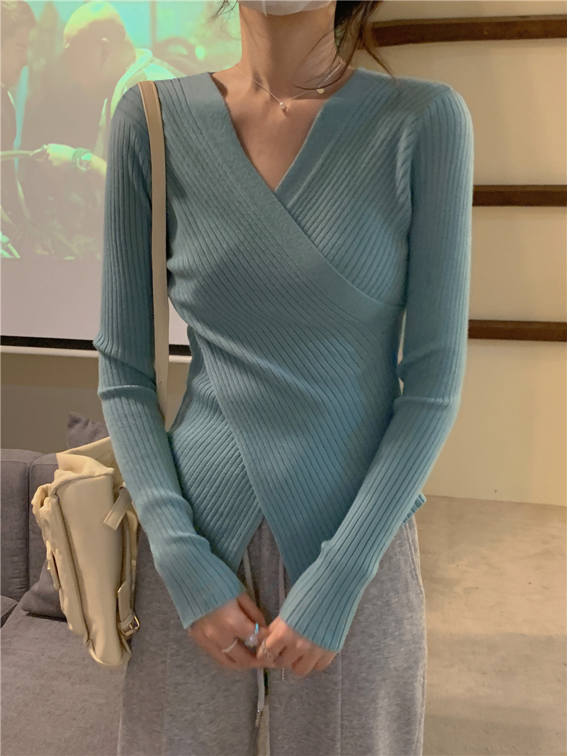 實拍包芯紗 高級感修身顯瘦百搭交叉v領打底針織衫毛衣女