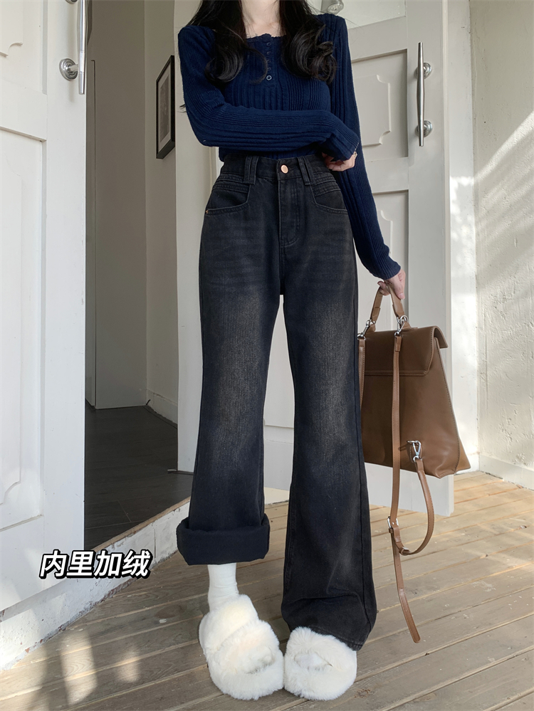 實拍 ~復古黑色微喇抓毛牛仔褲女高腰顯瘦直筒闊腿拖地長褲