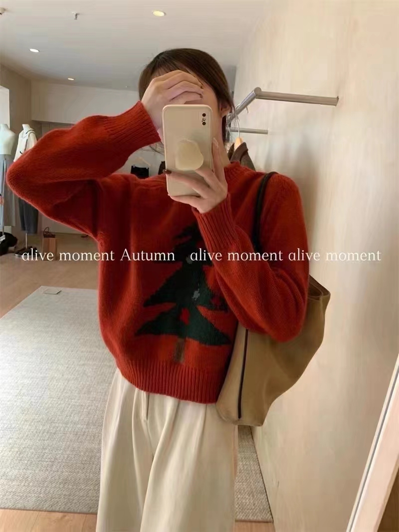 2023 Autumn and Winter Korean Style Lazy Style Christmas Sweater Women's Small Tree Jacquard Loose Sweet Versatile Pullover Sweater Trendy