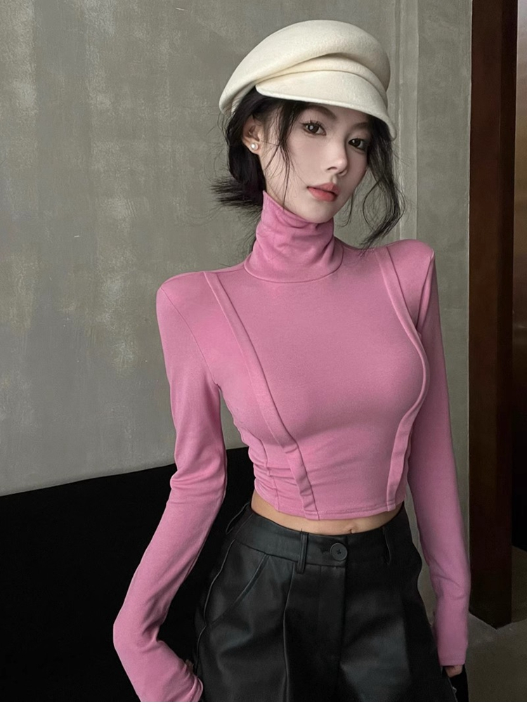 官圖高彈羅紋德絨 秋冬辣妹高領長袖T恤女收腰緊身短款打底衫上衣
