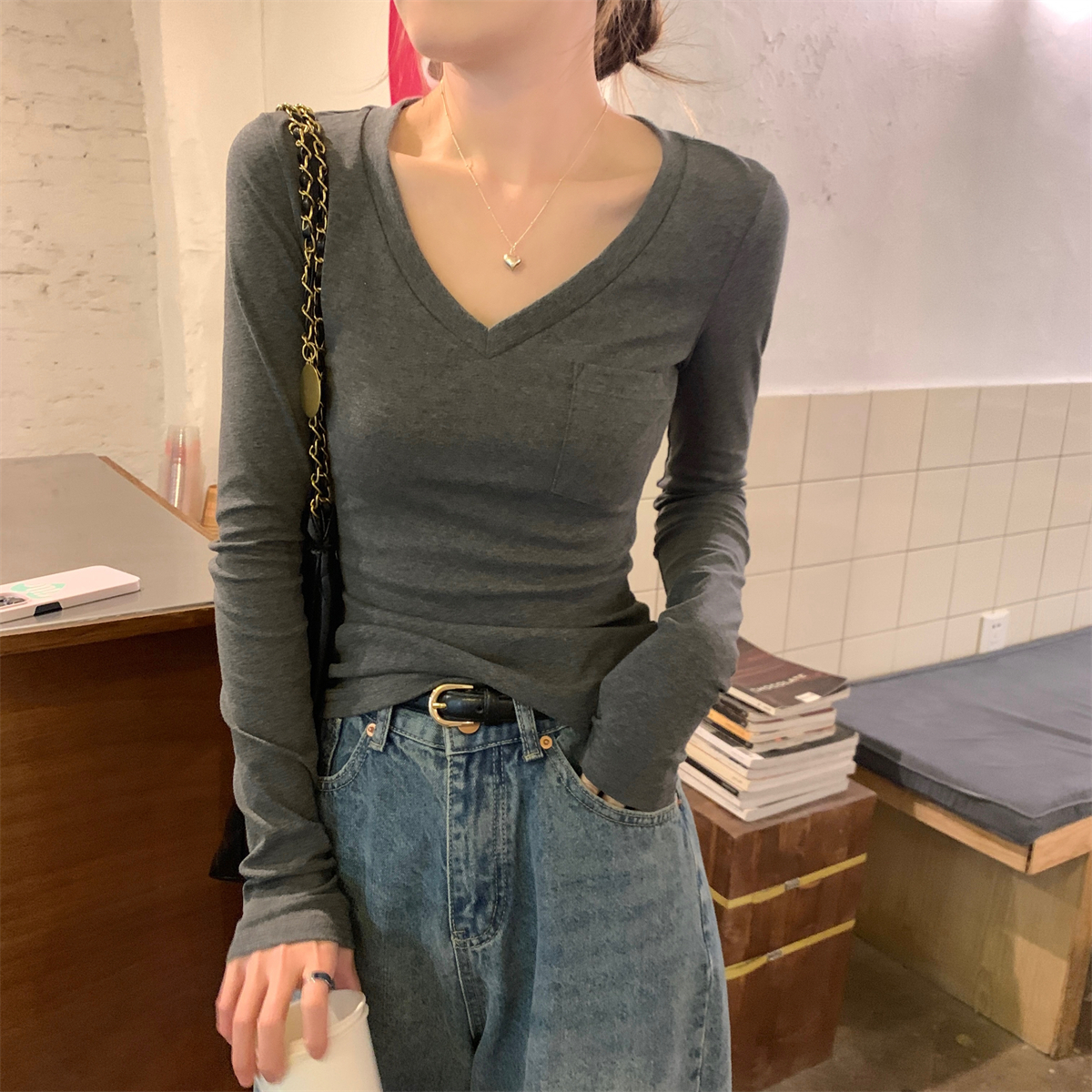 實拍 秋冬韓版百搭修身v領口袋打底衫純棉內搭長袖T恤上衣女