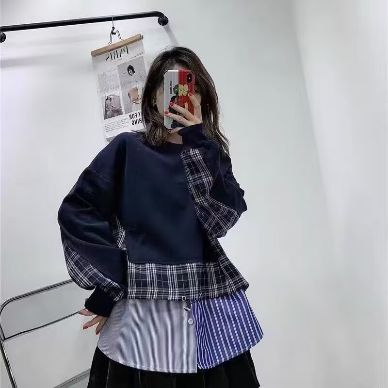 不規則假兩件衛衣女2023秋季新款設計感小眾條紋撞色拼接長袖上衣