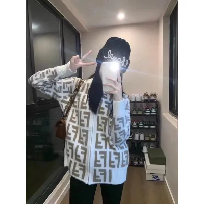 23FW新款滿印字母logo老花雙F拼接立領針織衫外套男女