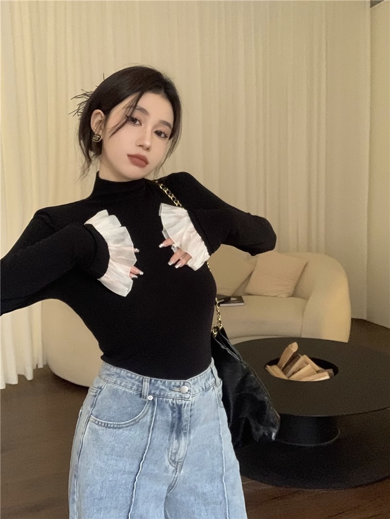 德絨 設計感小眾秋冬新款法式高領長袖黑色打底t恤女內搭修身上衣