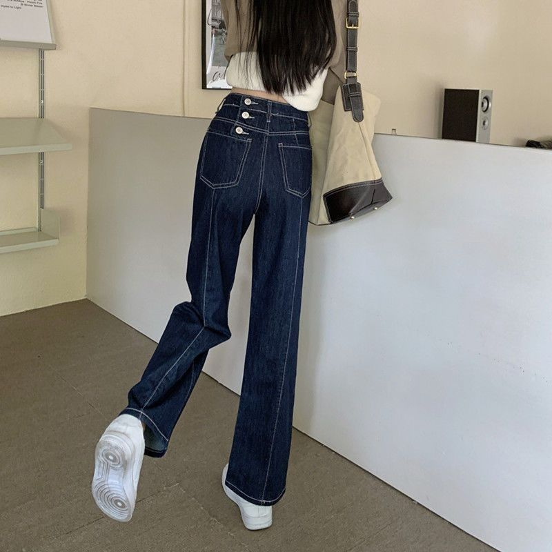 Dark blue wide-leg jeans for women spring and summer 2023 new high-waisted slimming loose and drapey multi-button straight pants