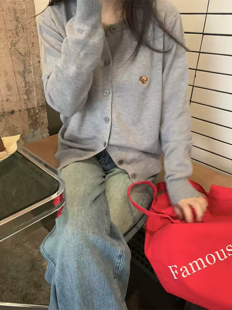 PPHOME溫糯小歇~軟糯小熊刺繡長袖針織開衫秋季內搭外穿毛衣外套