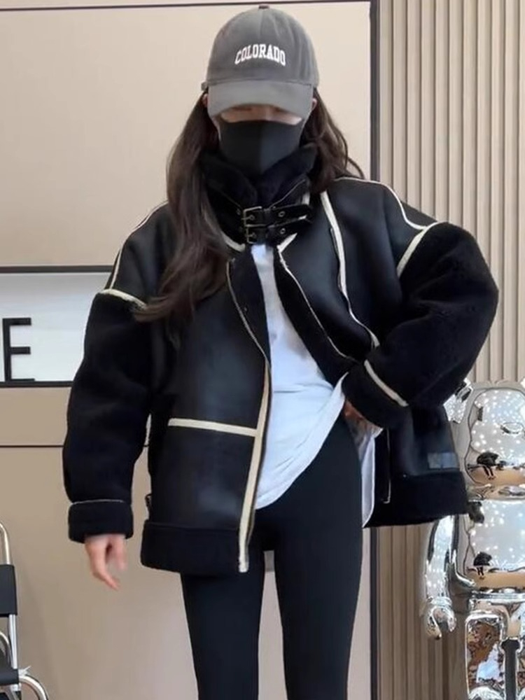 Motorcycle clothing women's winter style fur one-piece lamb wool jacket women's 2023 new winter internet celebrity jacket