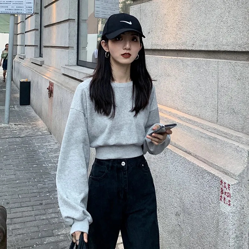灰色短款衛衣女2023新款春秋款設計感小眾寬鬆長袖圓領長袖上衣潮