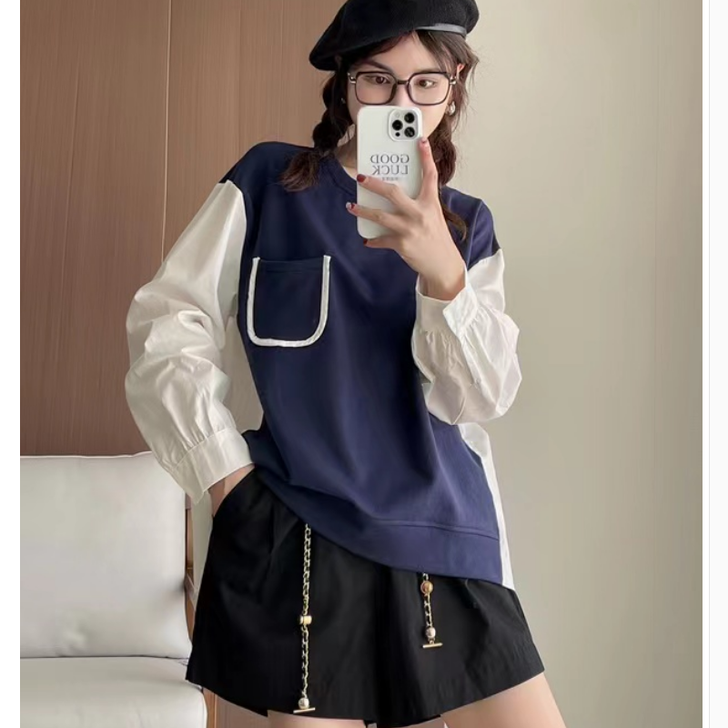 寬鬆圓領拼接襯衫假兩件長袖衛衣女2023秋冬季新款設計感小眾上衣