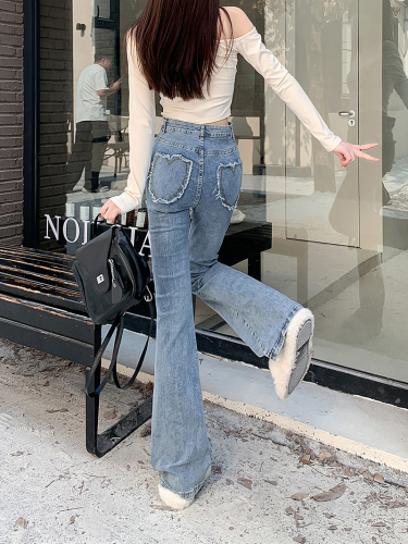 Actual shot ~ Slightly bell-bottomed horse hoof pants for women, high-waisted, tight-fitting, slimming, retro stretchy love pocket jeans