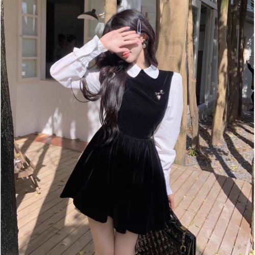 Gold velvet + zipper fake two-piece doll collar petite dress for women spring and autumn new French tutu skirt