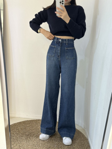 深蓝色美式牛仔裤秋季女高腰显瘦微喇裤设计感裤子
