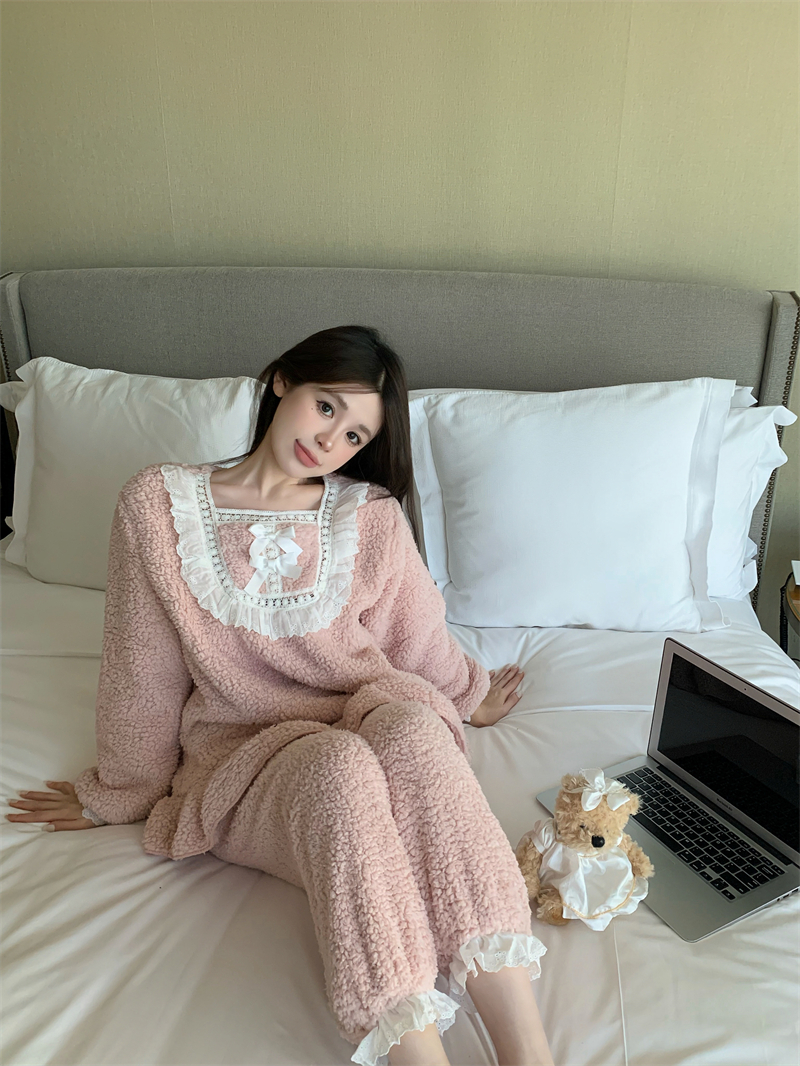 實拍 甜美蝴蝶結荷葉邊睡衣家居服加絨加厚套裝