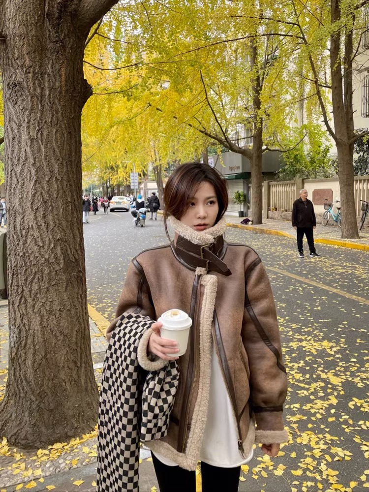 2024 new winter fur integrated lamb wool jacket women's suede motorcycle jacket lamb velvet cotton jacket