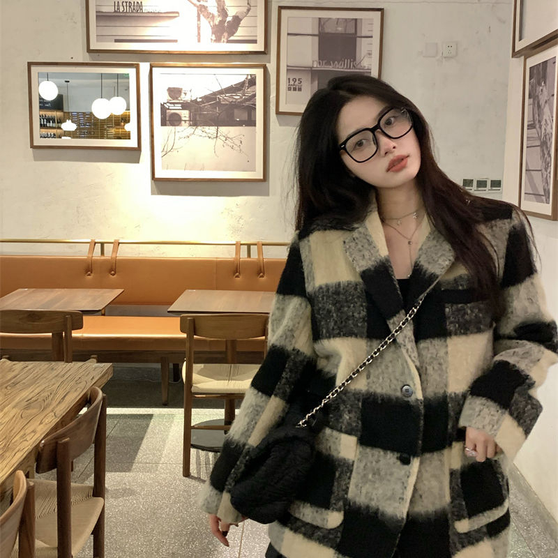 毛呢格子西裝外套女冬季潮牌復古設計感小眾寬鬆百搭加厚呢子上衣