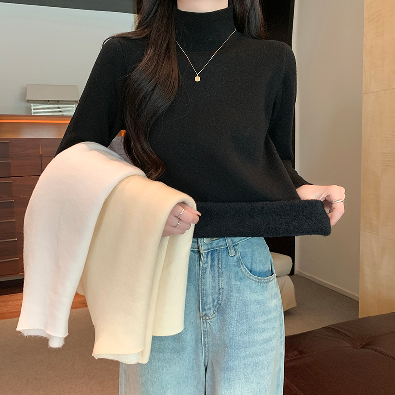 實拍12針一體絨長袖上衣針織衫加絨加厚潮打底衫女款秋冬保暖毛衣