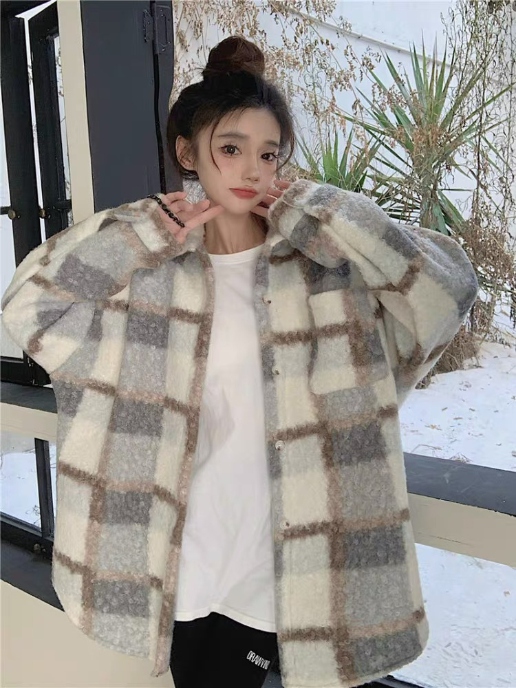 慵懶風加厚毛呢格子襯衫外套女秋冬設計感休閒寬鬆中長款開衫上衣