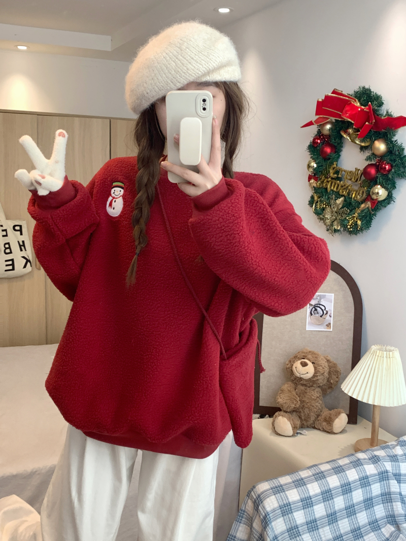 實拍 聖誕羊羔毛衛衣女秋冬寬鬆韓版潮ins慵懶風加絨加厚外套