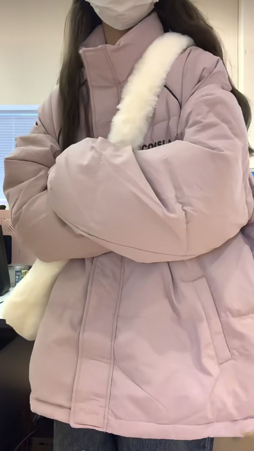College style pink letter print stand collar bread coat and cotton coat for women winter thickened warm cotton coat