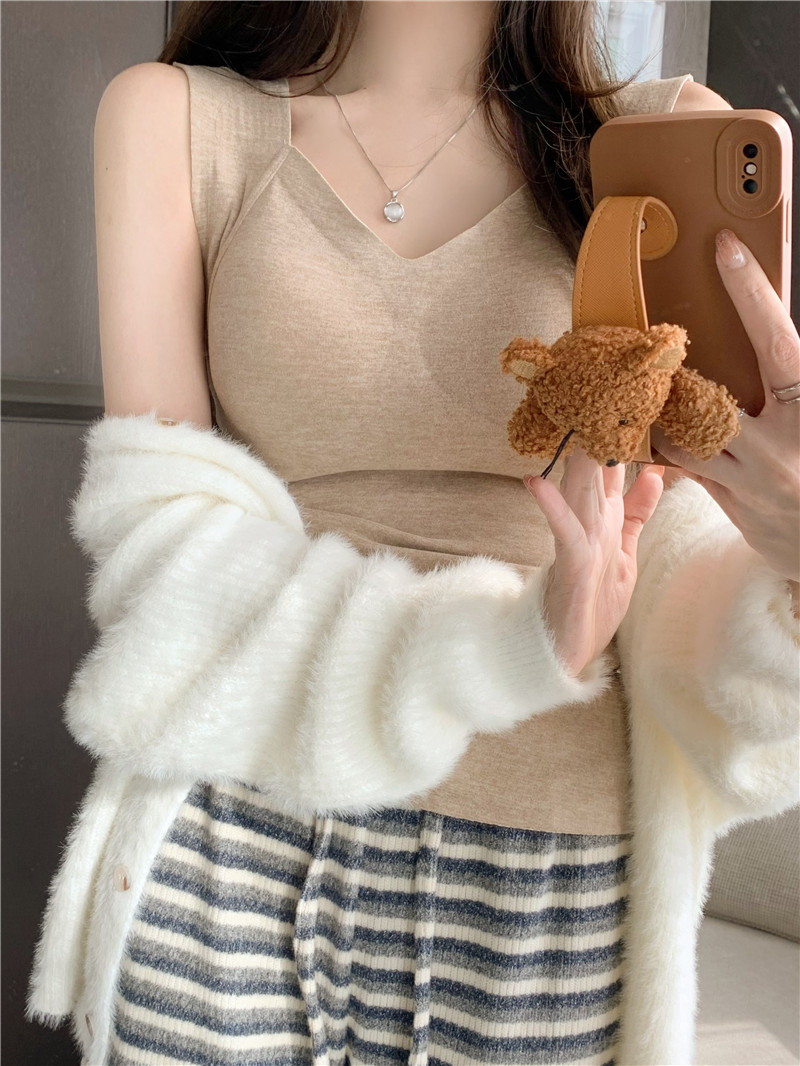 實拍~秋冬德絨一體背心保暖吊帶美背帶胸墊打底上衣