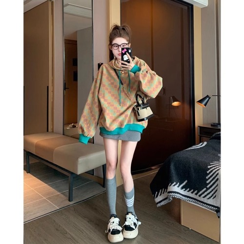 Original workmanship American retro plaid sweatshirt for women spring and autumn  new small lazy style hooded top