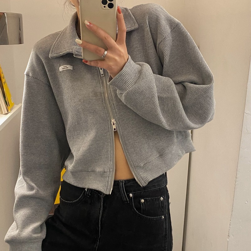 2023 spring and autumn versatile cardigan new hot girl short top zipper sports waffle jacket women's clothing
