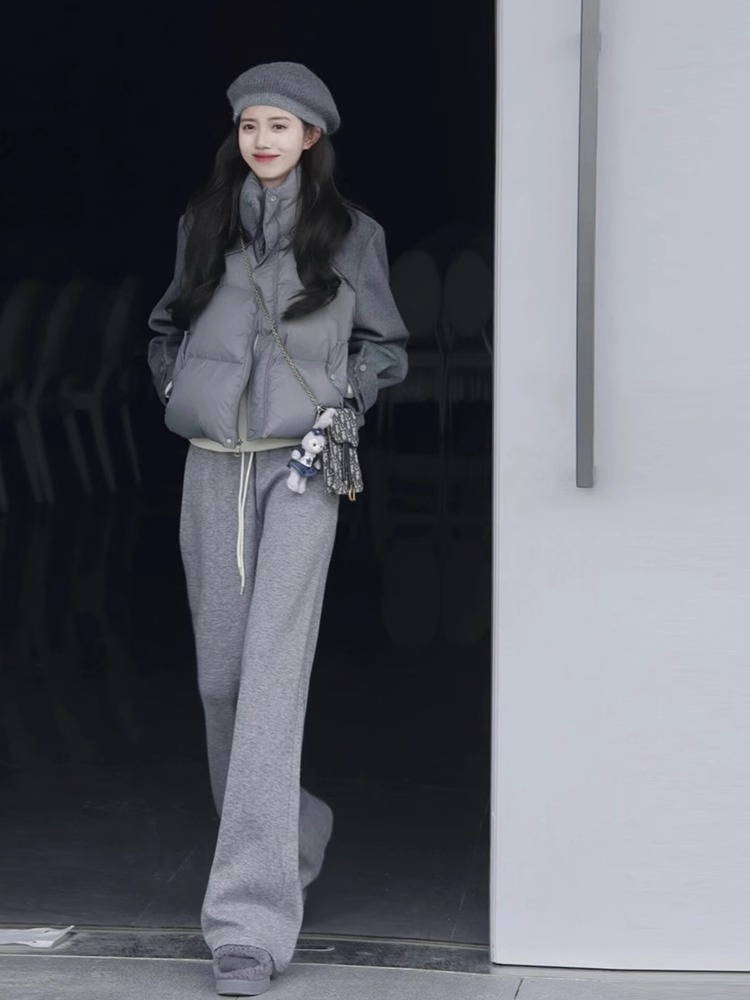 AN Maiden 韓系保暖毛呢拼接羽絨服女冬季寬鬆顯瘦休閒直筒褲套裝