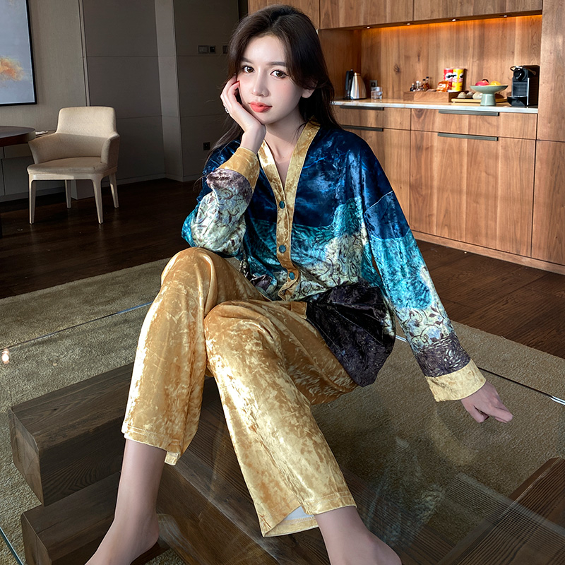 艾尚實拍992023秋冬韓版新款翻領女款鑽石絨家居服套裝
