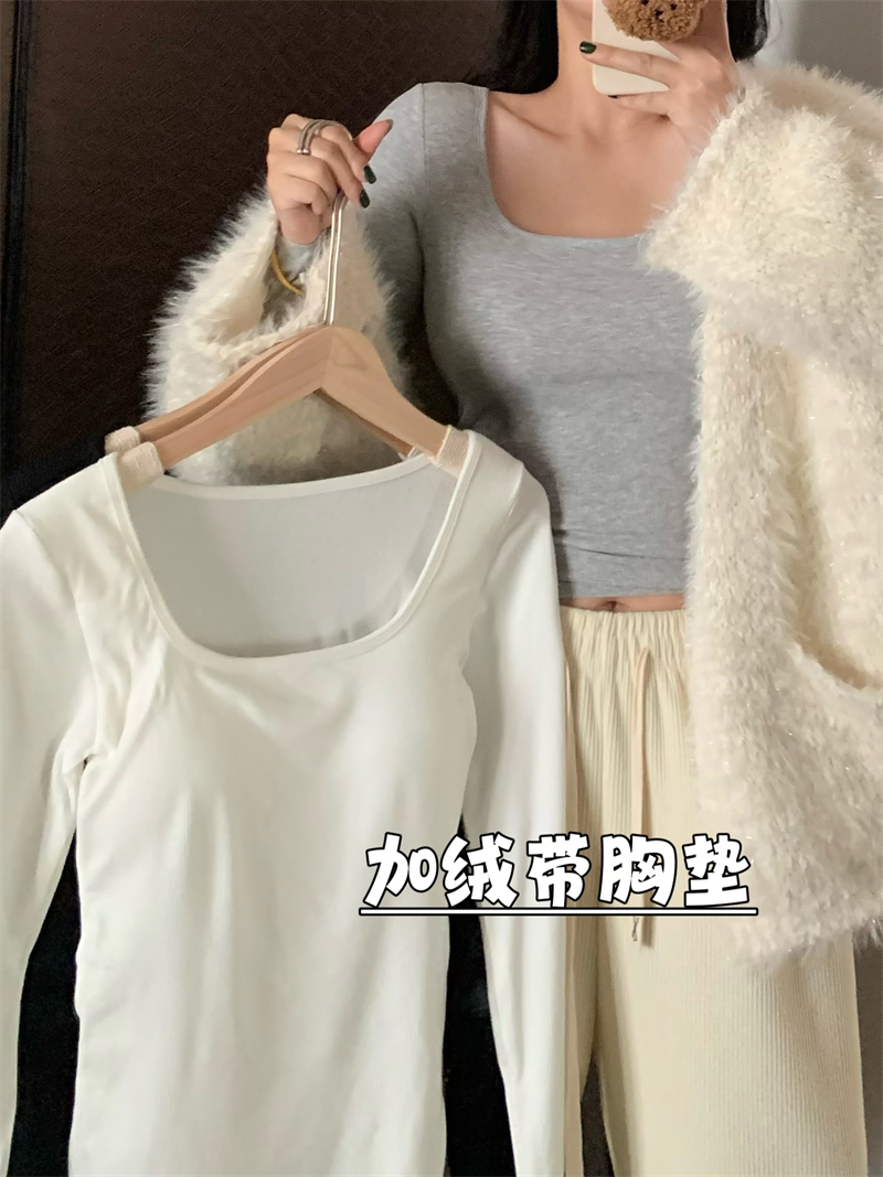 實拍秋冬加絨加厚帶胸墊打底衫顯瘦方領大彈力T恤上衣