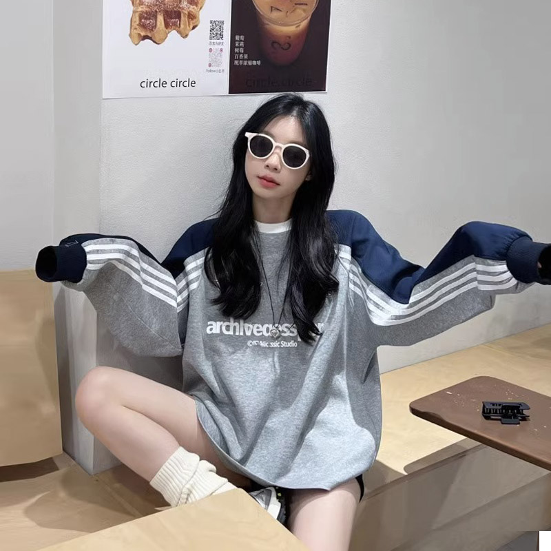 原版做工2023美式撞色圓領字母印花秋季寬鬆顯瘦長袖女士衛衣