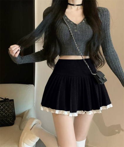 Real shot ~ Woolen pleated short skirt for women 2023 winter thickened anti-exposure small slimming A-line skirt