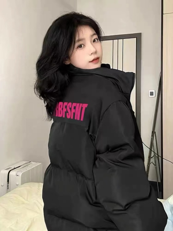 Black stand-up collar down jacket for women in winter, thickened oversize warm bread coat, American retro cotton jacket