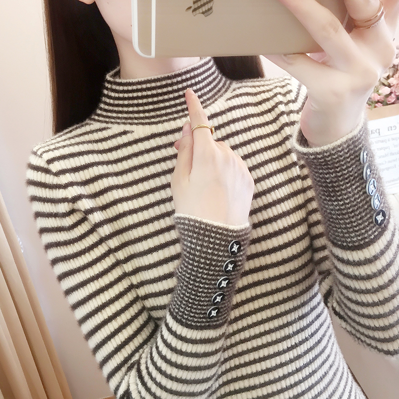 半高領條紋毛衣打底衫內搭2023新款女裝仿水貂絨上衣秋冬季針織衫