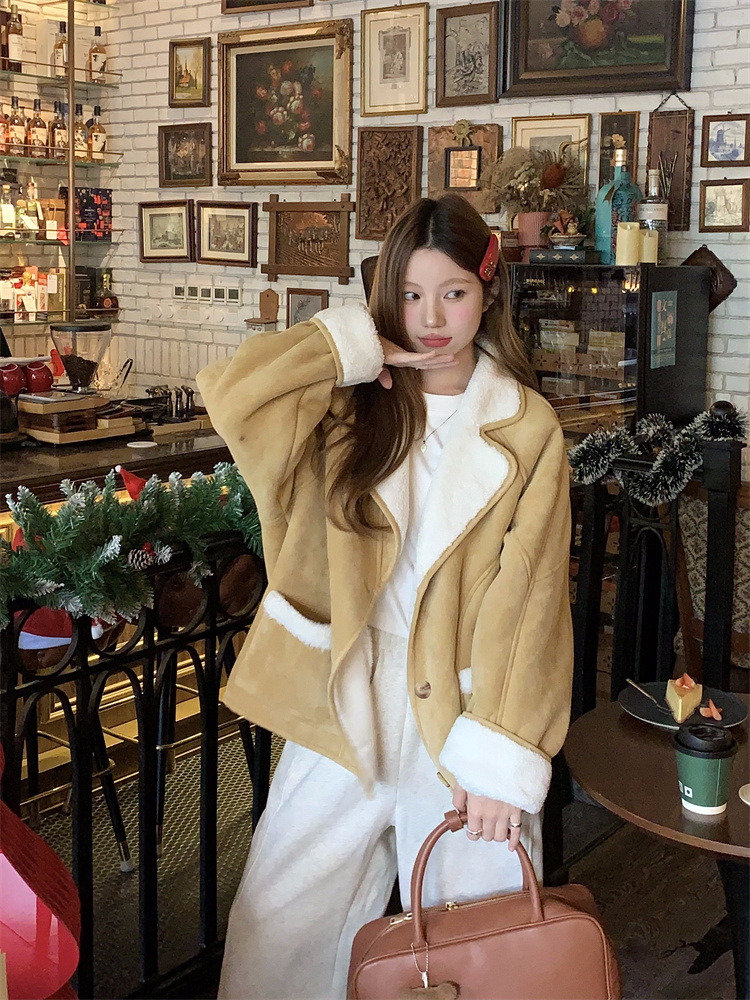 Real shot!  Deerskin lambswool jacket women's thickened fur integrated lapel jacket top