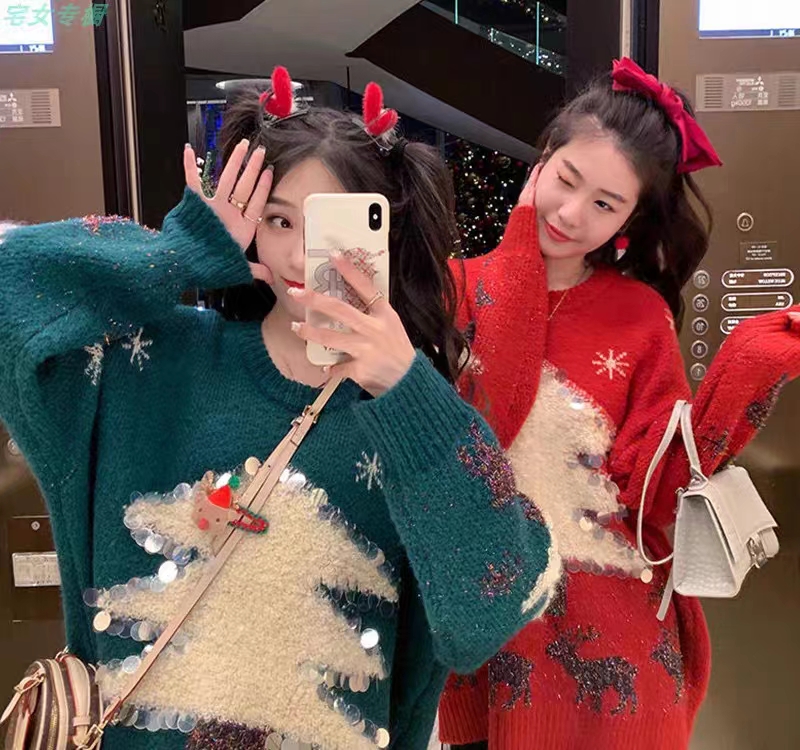 聖誕樹亮片毛衣女加厚秋冬2023新款慵懶風寬鬆外穿針織新年外套潮