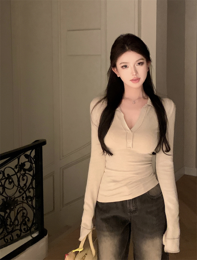實拍 修身翻領長袖T恤連衣裙女秋冬瘦腰打底衫包臀連衣裙女
