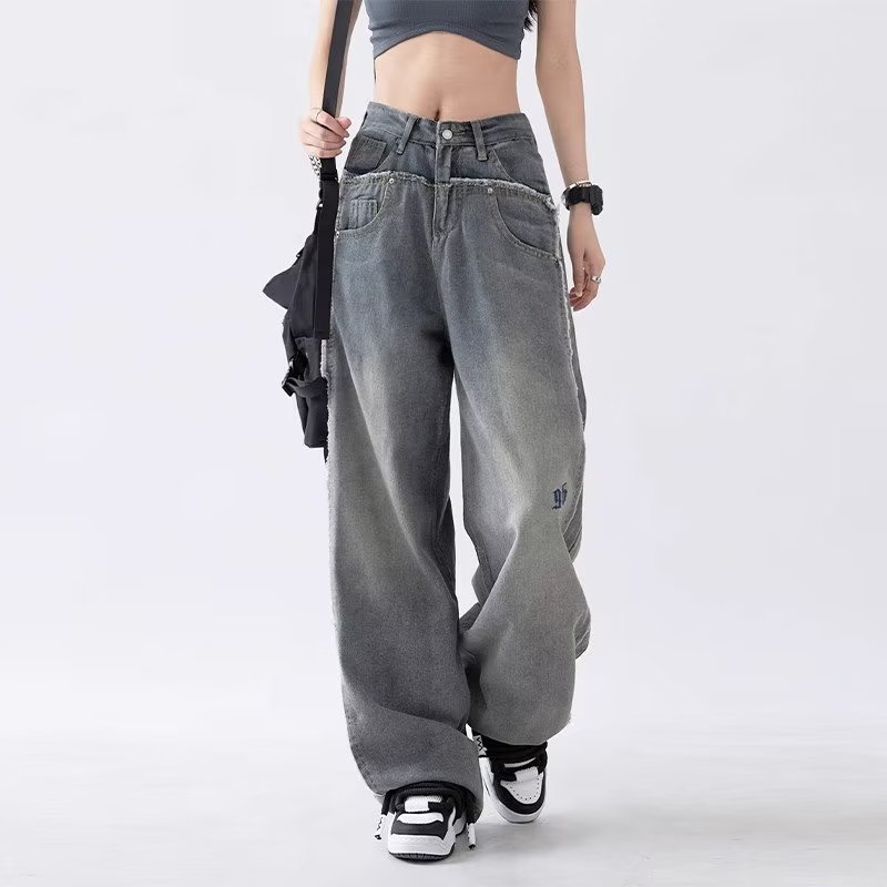 美式復古直筒牛仔褲女2023秋季高腰顯瘦設計感毛邊闊腿褲