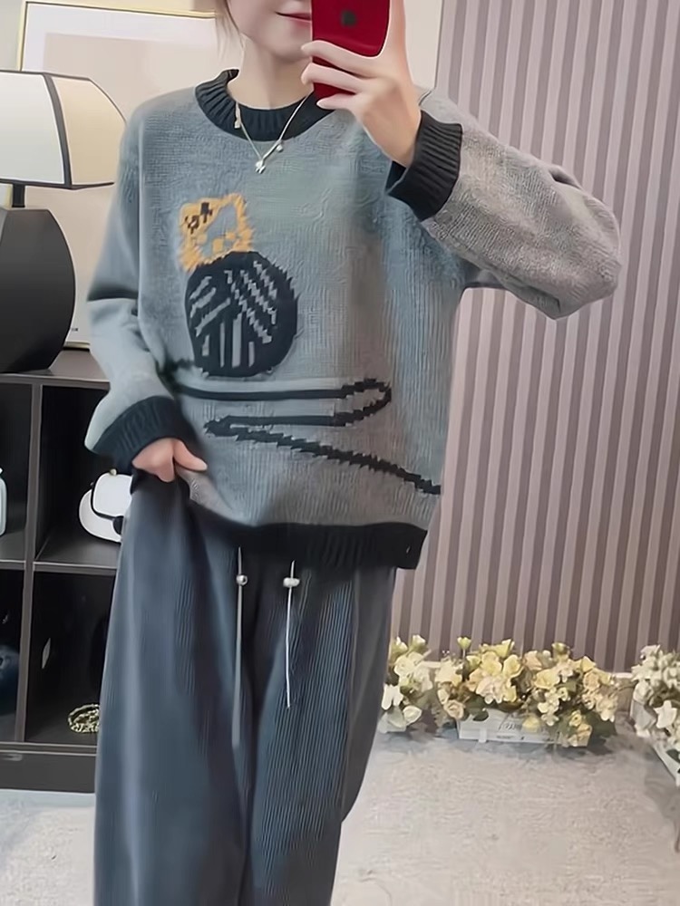 韓版印花圖案減齡少女感毛衣冬季新款復古潮流軟糯針織衫上衣女款