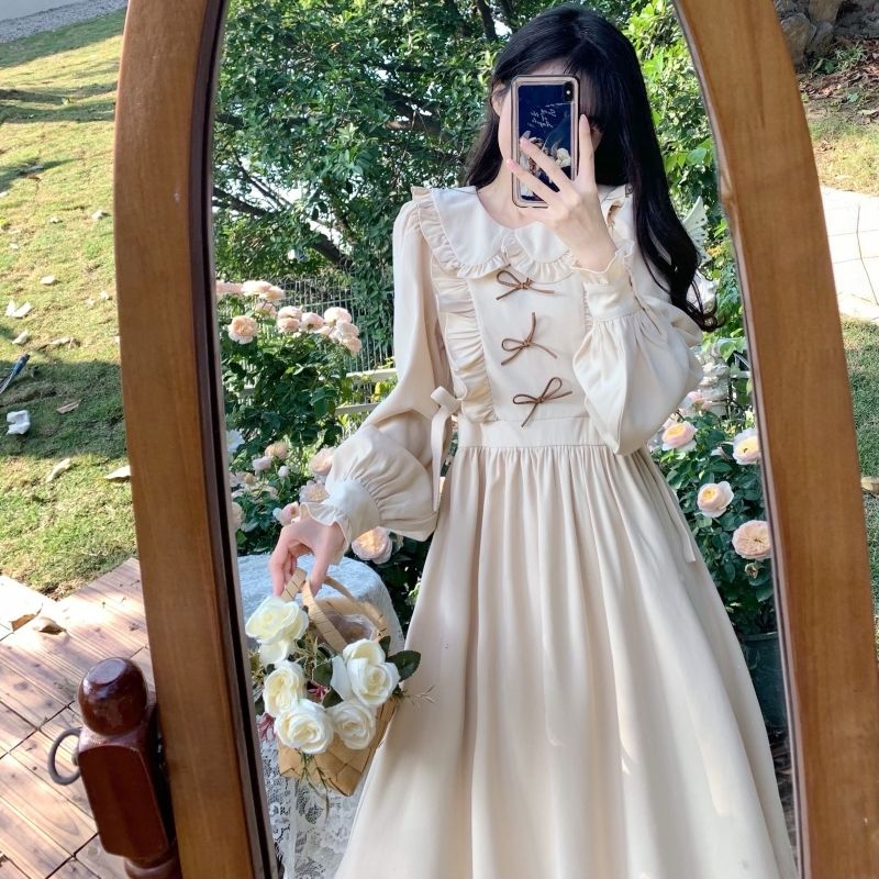 韓國磨毛 法式復古大碼女裝連衣裙2023秋冬減齡甜美設計荷葉邊裙