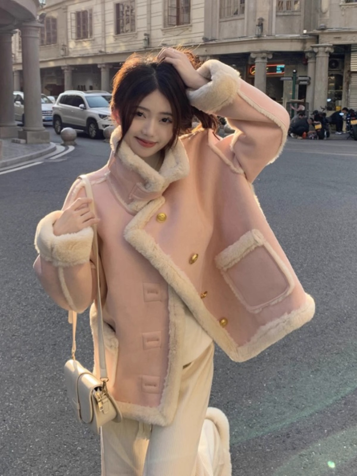 粉色小香風皮毛一體外套女2023年冬季新款韓系加絨加厚機車服