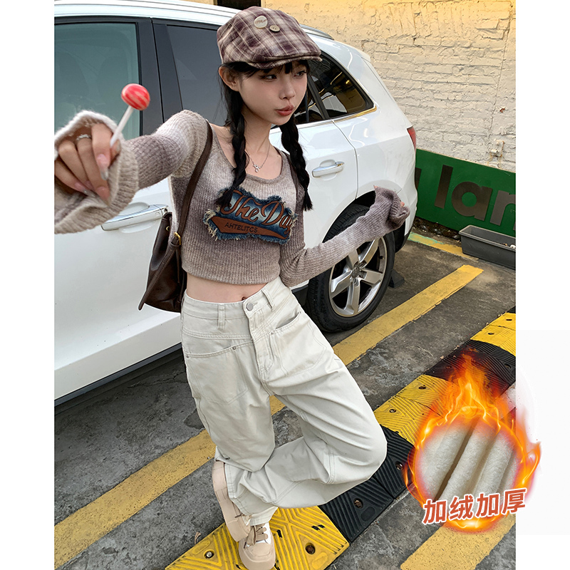 實拍美式高街復古寬鬆闊腿褲沙色高腰百搭直筒褲牛仔褲女常規加絨