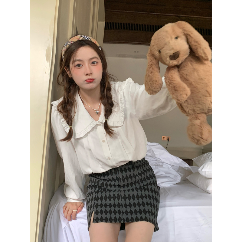 Goo Goo Eyes 富士雪頂~襯衣2024春季女設計感小眾娃娃領白色襯衣
