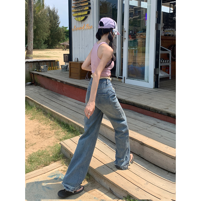 實拍2023秋季時尚高腰復古牛仔褲女寬鬆直筒百搭闊腿褲女