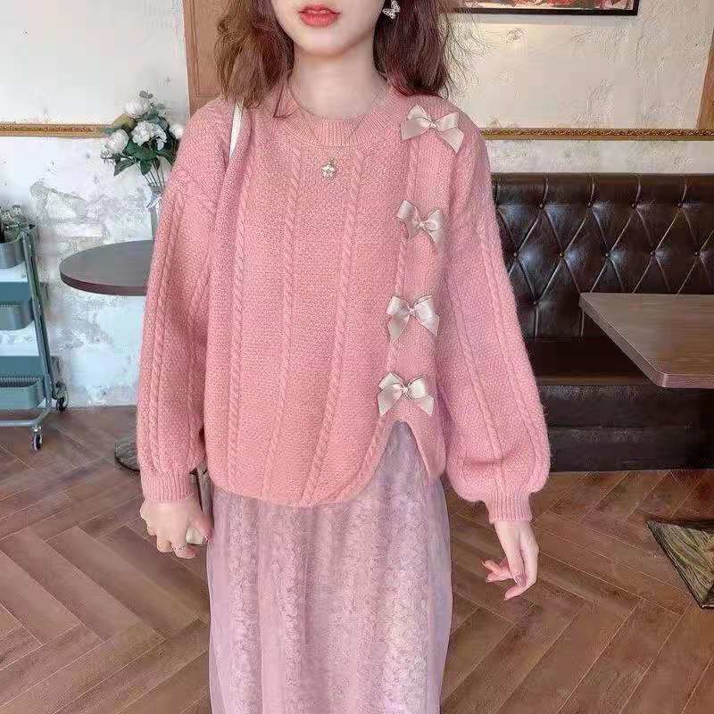 甜美少女蝴蝶結聖誕新年毛衣女秋冬新款韓版紅色圓領套頭針織上衣