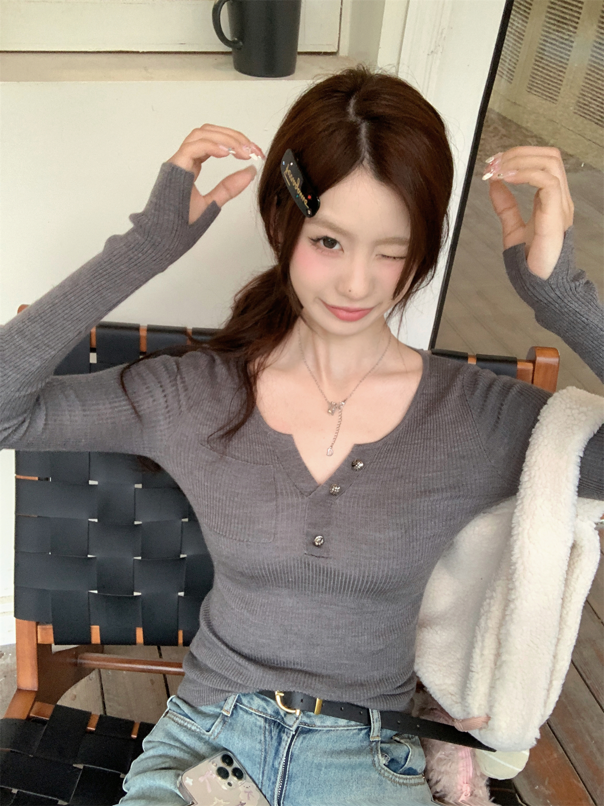 實拍 秋冬韓版修身半開領口袋顯瘦紐扣內搭針織打底衫毛衣女