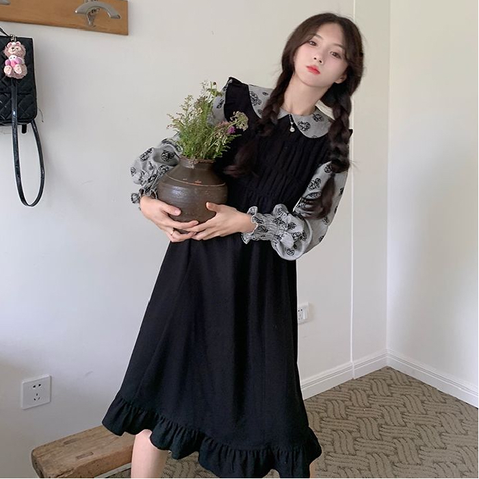 煙熏玫瑰微胖女孩顯瘦長袖連衣裙2023秋冬設計感假兩件減齡茶歇裙