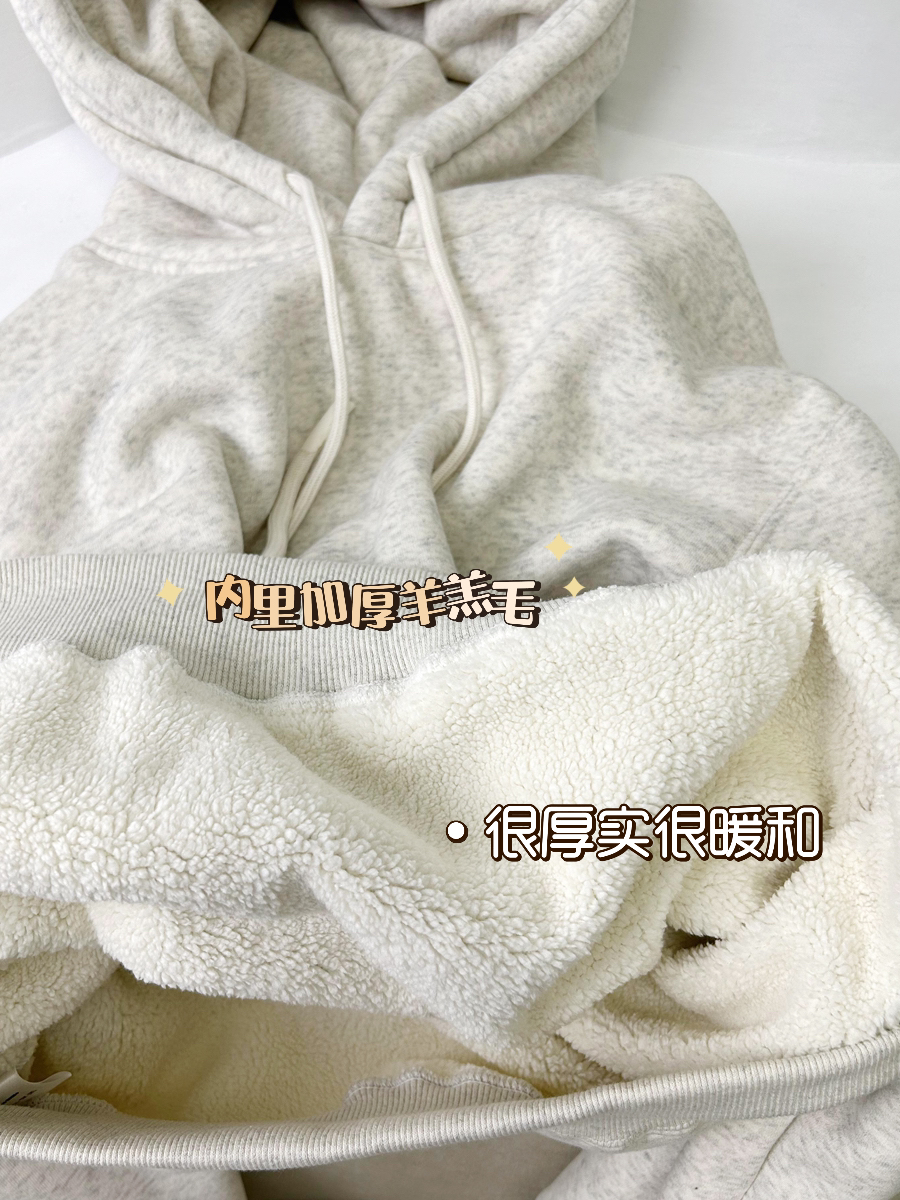強推！純棉高質量加絨加厚雙層連帽羊羔毛白灰色衛衣寬鬆情侶帽衫