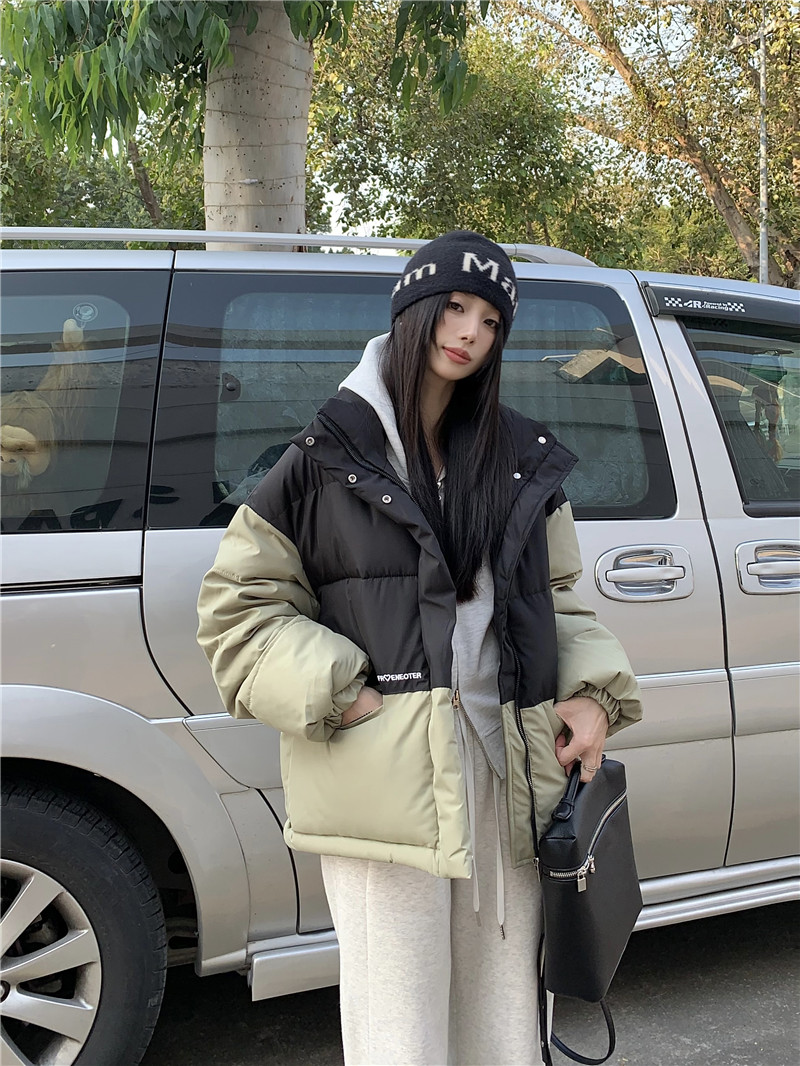 實拍  冬裝新款設計感拼接撞色夾棉加厚立領棉衣外套女