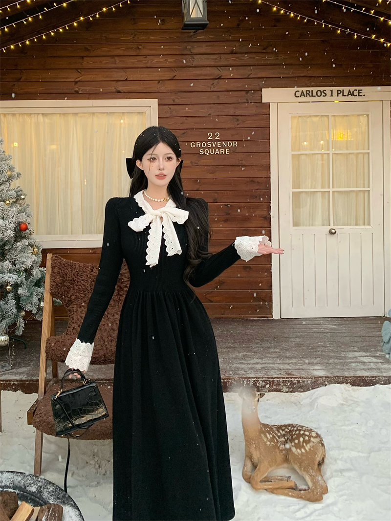 實拍 設計感花邊拼接蝴蝶結針織連衣裙打底裙甜美內搭長裙女